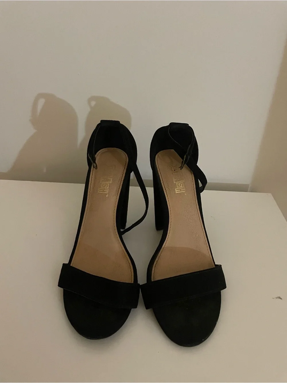 Brash Black Suede Ankle Strap Block Heels